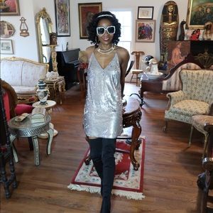 Metallic Silver Sequin Backless Sexy Two-Piece